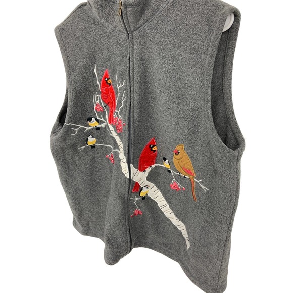 Baxter & Wells Petite Embroidered Cardinal Birds Fleece Gray Vest Zip Up Size XL - Picture 2 of 7